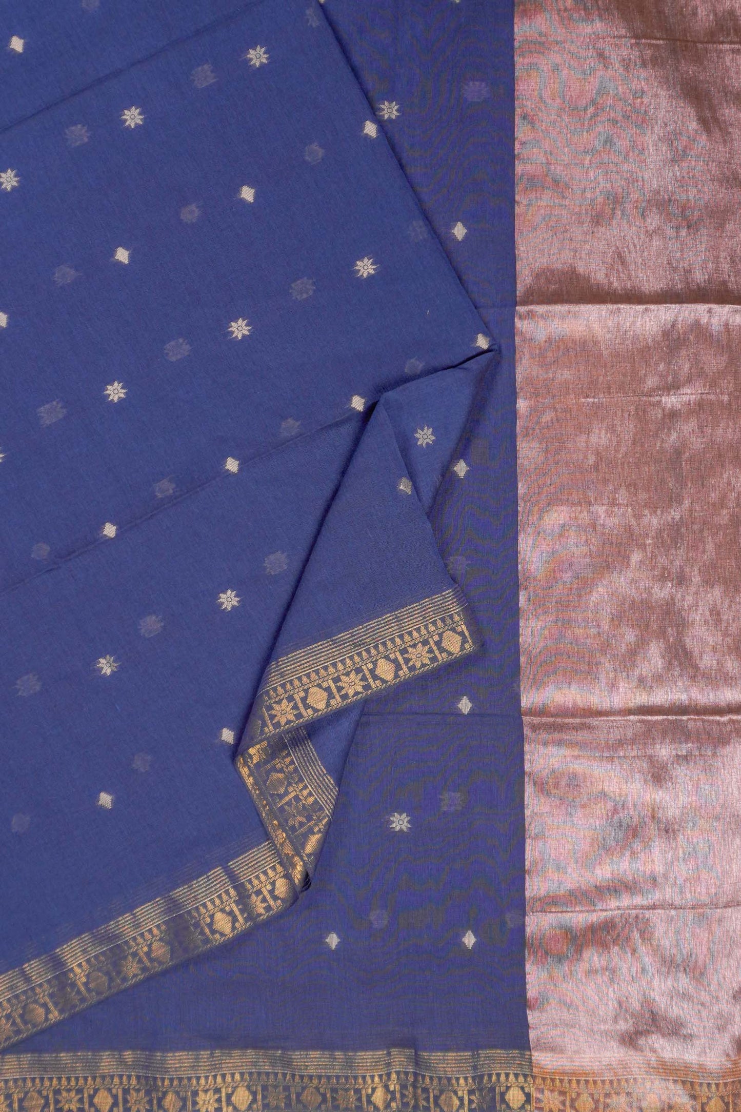 Navy Blue Soft Bengal Cotton Mini Star Butta Block Zari Pallu Saree