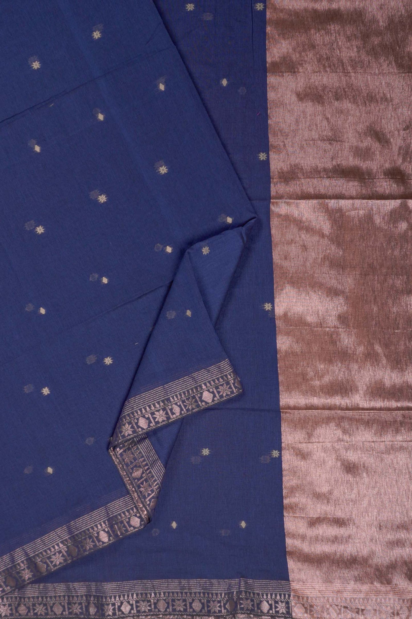 Navy Blue Soft Bengal Cotton Mini Star Butta Block Zari Pallu Saree