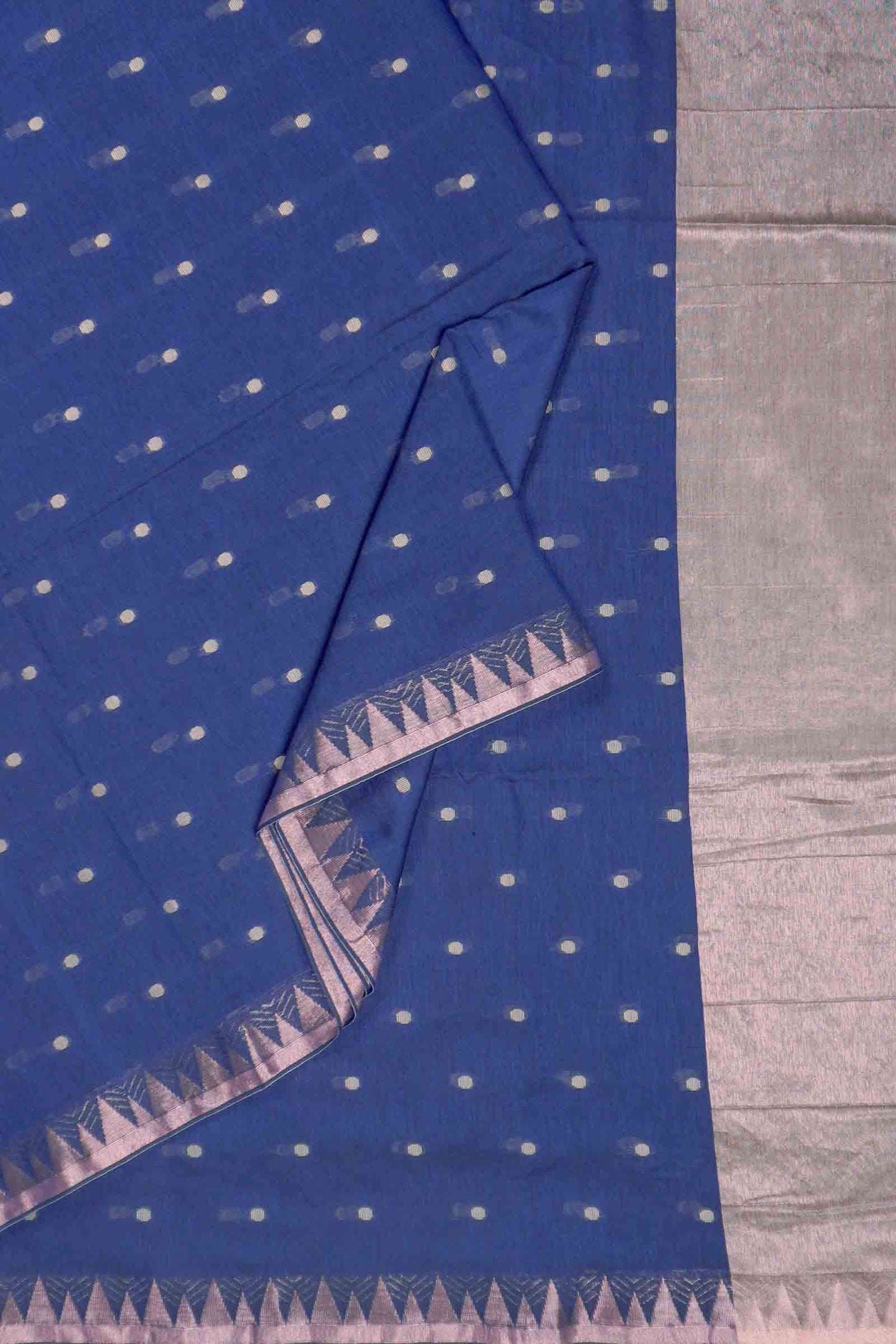 Navy Blue Soft Bengal Cotton Mini Polka Butta Block Zari Pallu Saree