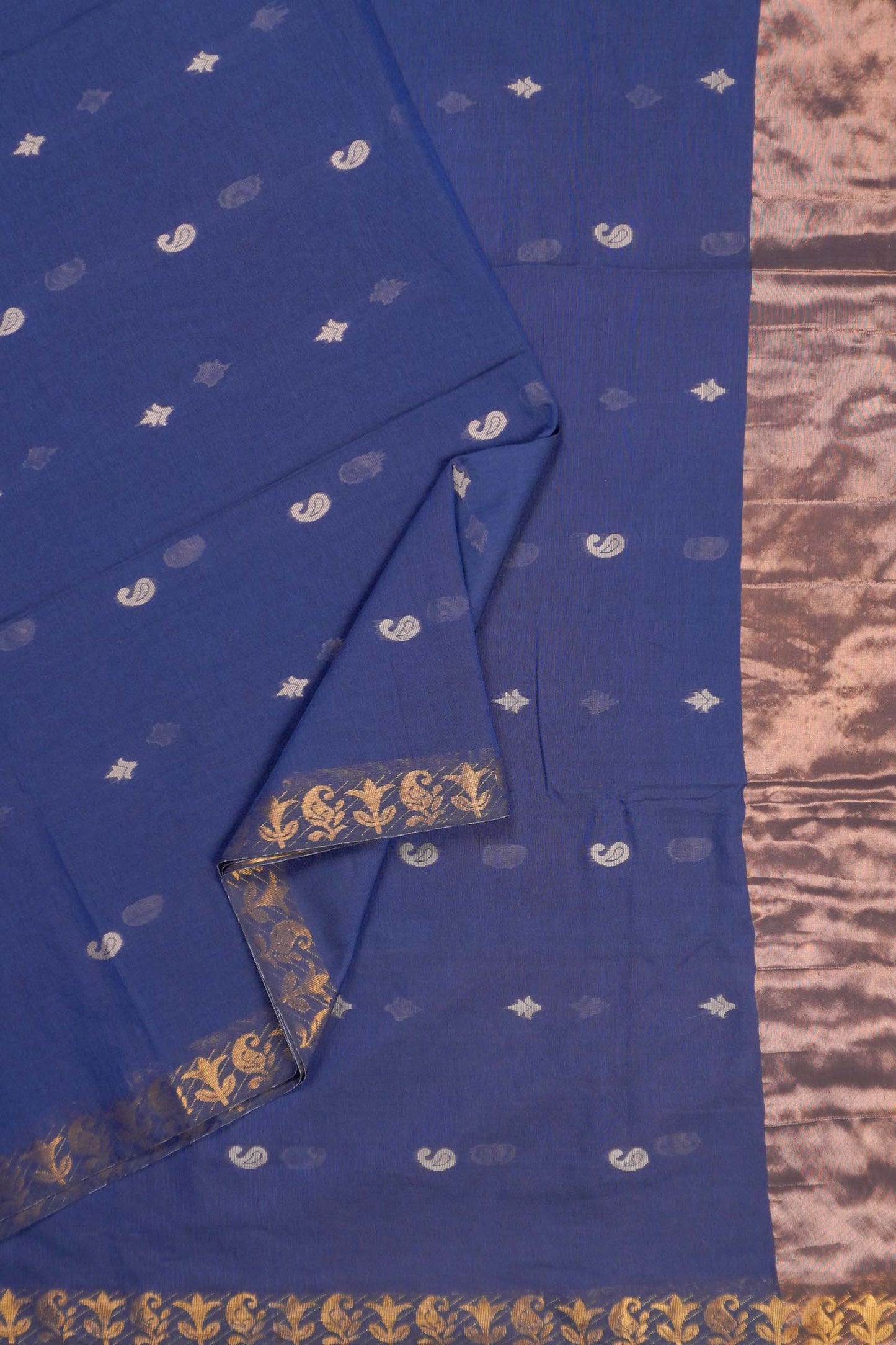 Navy Blue Soft Bengal Cotton Mini Paisely Butta Block Zari Pallu Saree