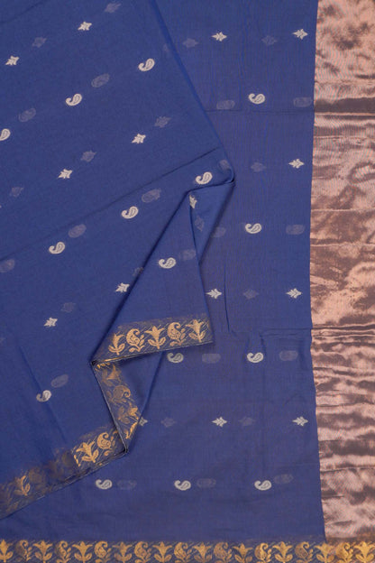 Navy Blue Soft Bengal Cotton Mini Paisely Butta Block Zari Pallu Saree