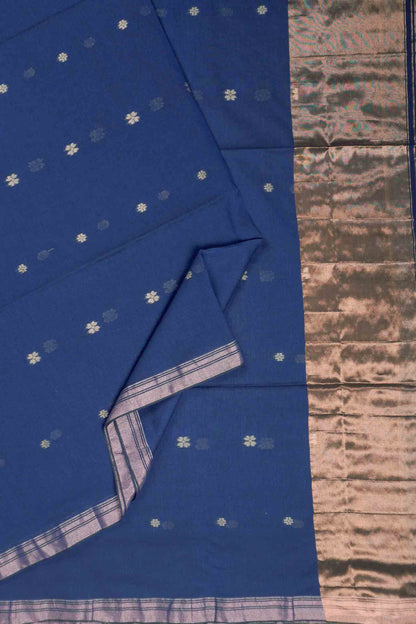 Navy Blue Soft Bengal Cotton Mini Floral Butta Block Zari Pallu Saree