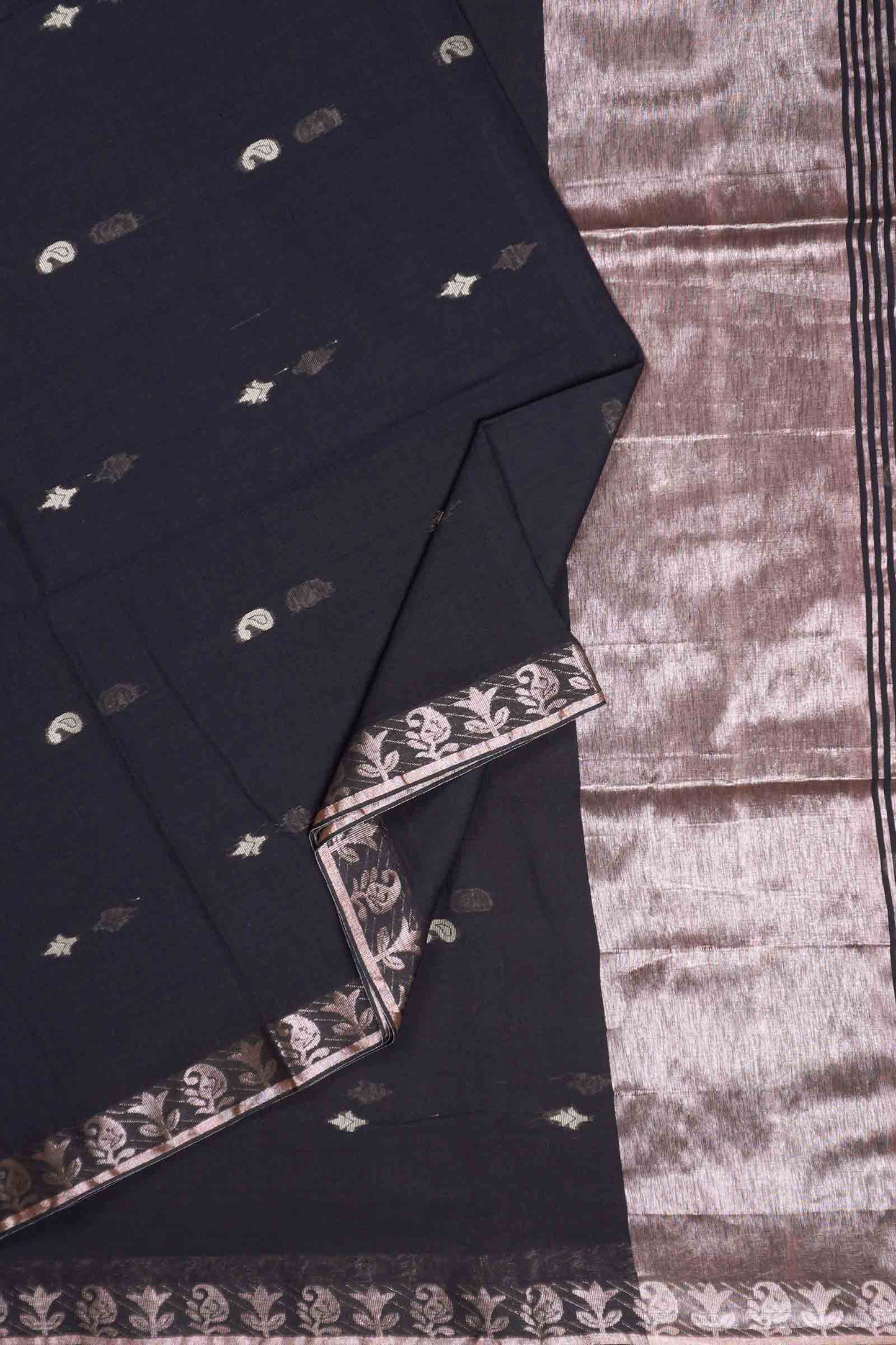 Black Soft Bengal Cotton Mini Cocoa Butta Block Zari Pallu Saree