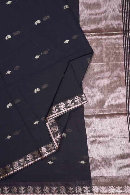 Black Soft Bengal Cotton Mini Cocoa Butta Block Zari Pallu Saree