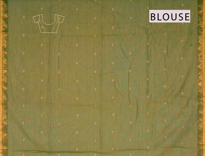 Green Soft Bengal Cotton Mini Tilaka Butta Block Zari Pallu Saree