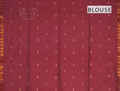 Dark Maroon Soft Bengal Cotton Mini Paisely Butta Block Zari Pallu Saree