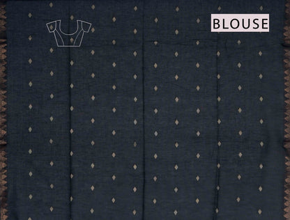 Black Soft Bengal Cotton Mini Diamond Butta Leaf Border Block Zari Pallu Saree