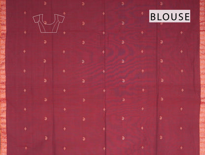 Dark Maroon Soft Bengal Cotton Mini Mango Leaf Butta Block Zari Pallu Saree