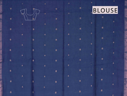 Navy Blue Soft Bengal Cotton Mini Floral Butta Block Zari Pallu Saree