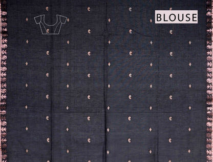 Black Soft Bengal Cotton Mini Cocoa Butta Block Zari Pallu Saree