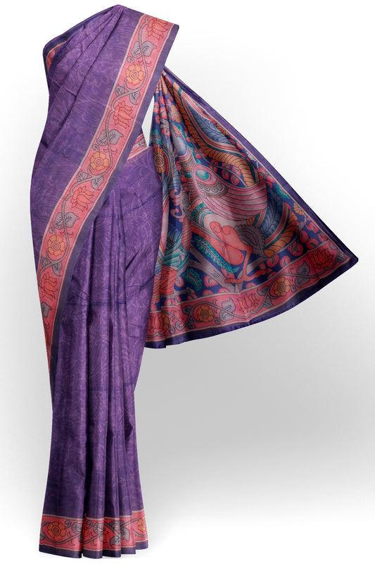 Violet Semi Chanderi Floral Border Kalamkari Inspired Pallu Saree