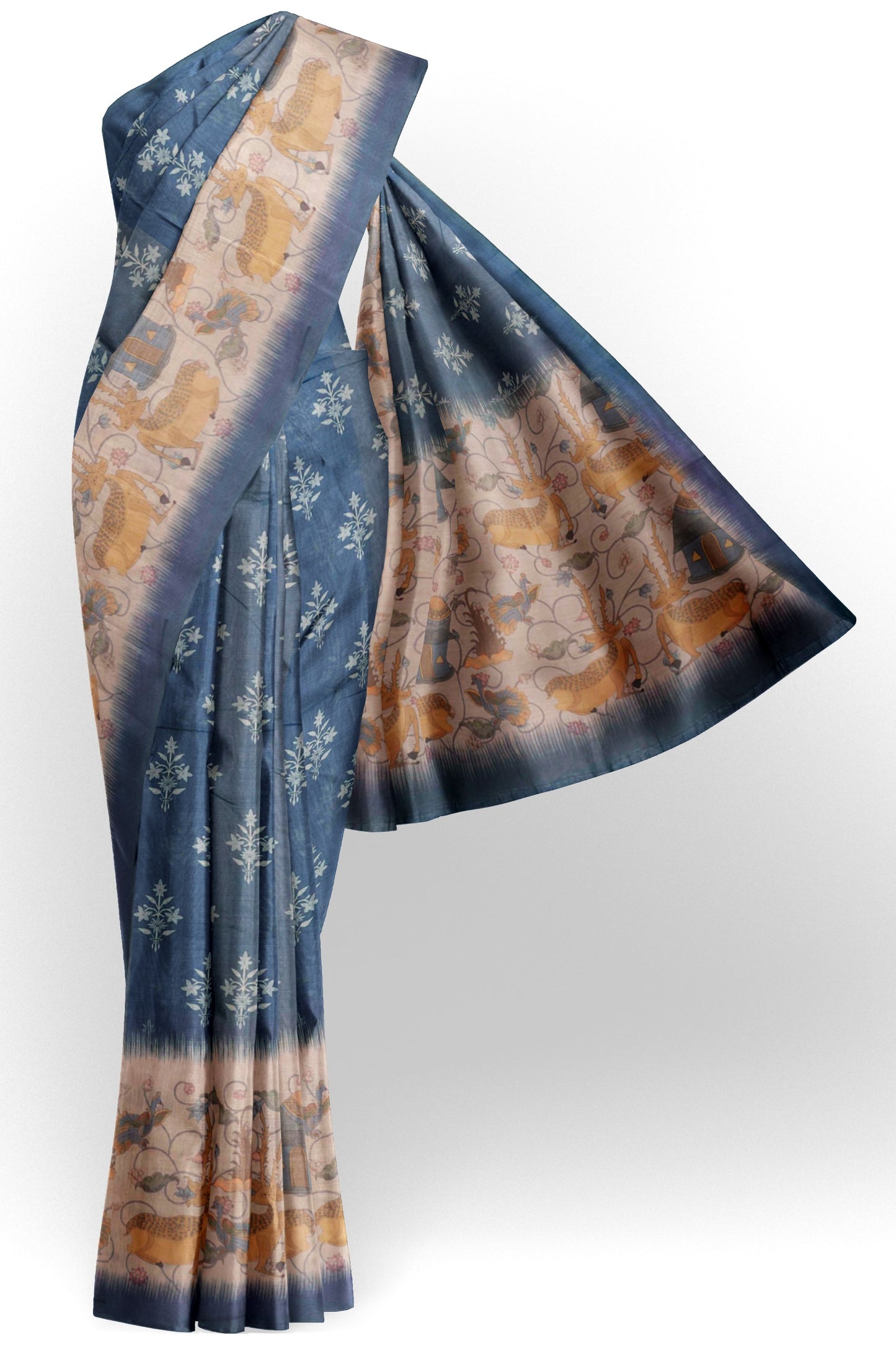 Denim Blue Semi Chanderi Pastoral Dreams Pallu Saree
