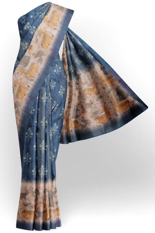 Denim Blue Semi Chanderi Pastoral Dreams Pallu Saree