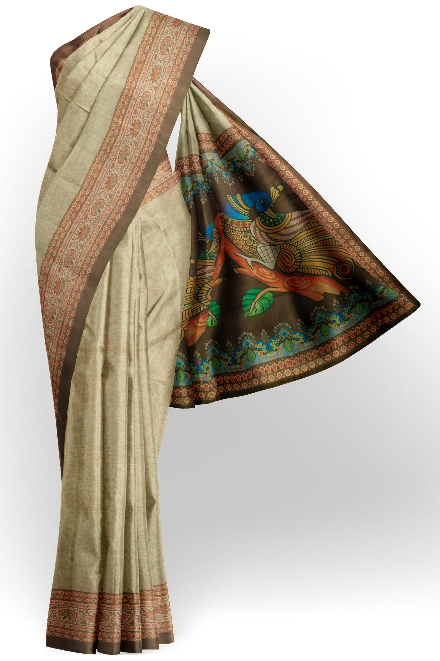 Pastel Green Semi Chanderi Kalamkari Pallu Saree