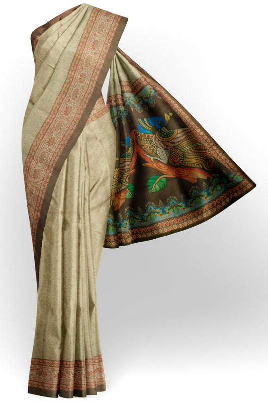 Pastel Green Semi Chanderi Kalamkari Pallu Saree