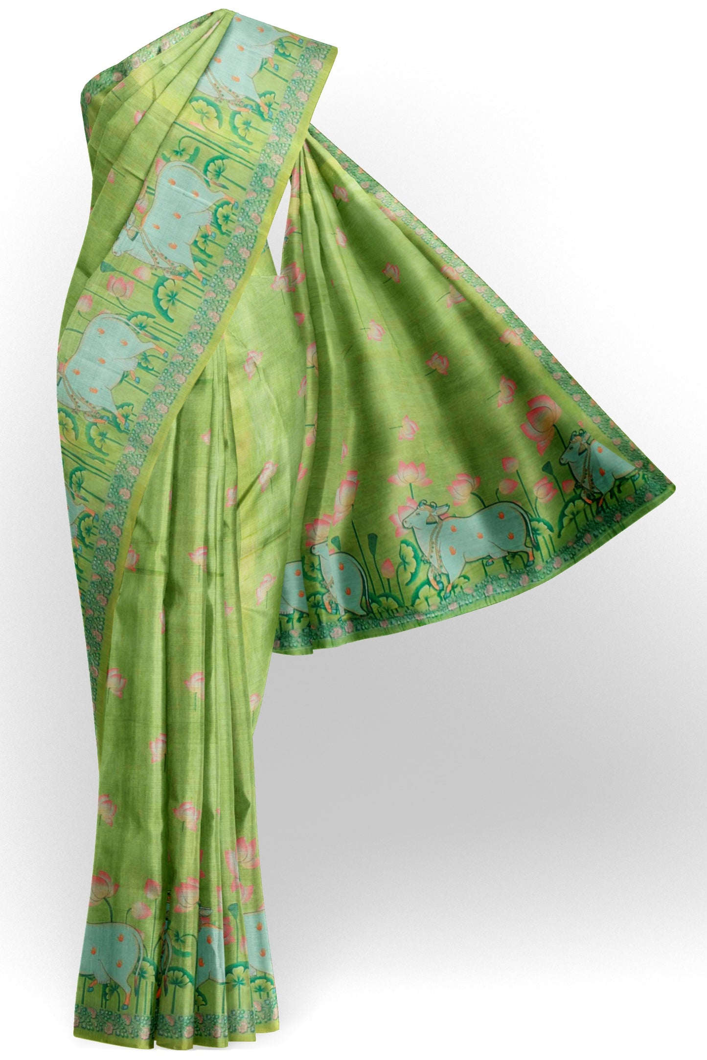 Green Semi Chanderi Pichwai Prints Saree