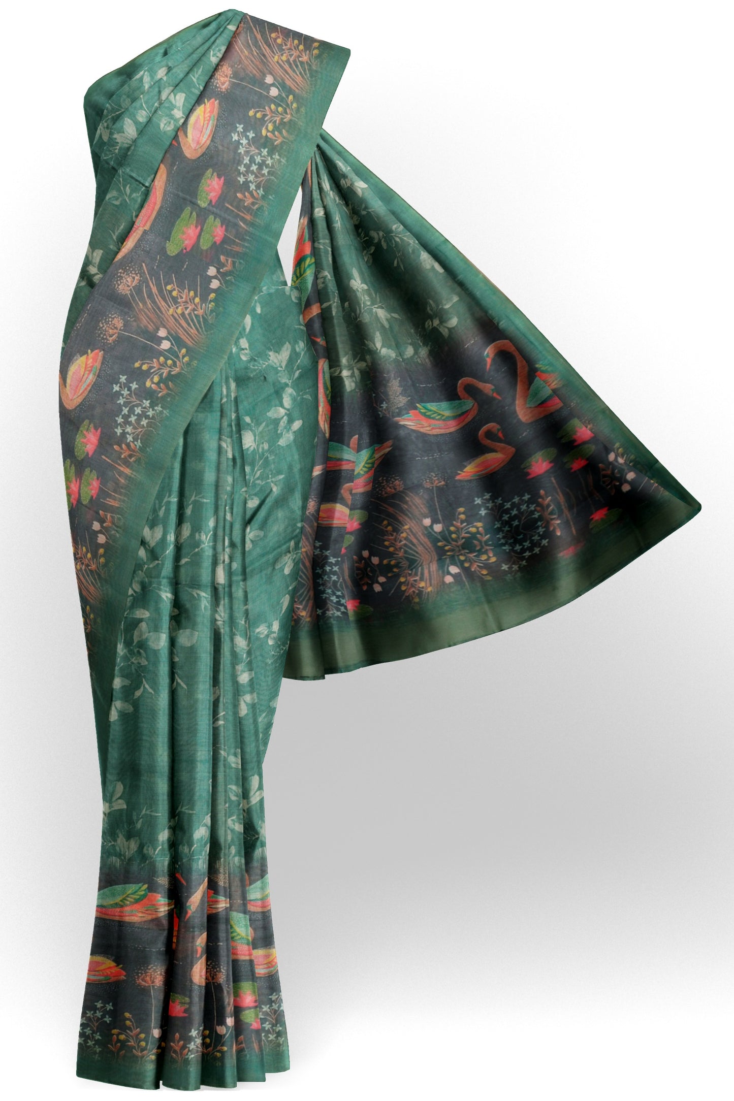 Green Semi Chanderi Pleasant Pond Print Saree