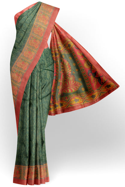 Green Semi Chanderi Floral Border Kalamkari Inspired Pallu Saree