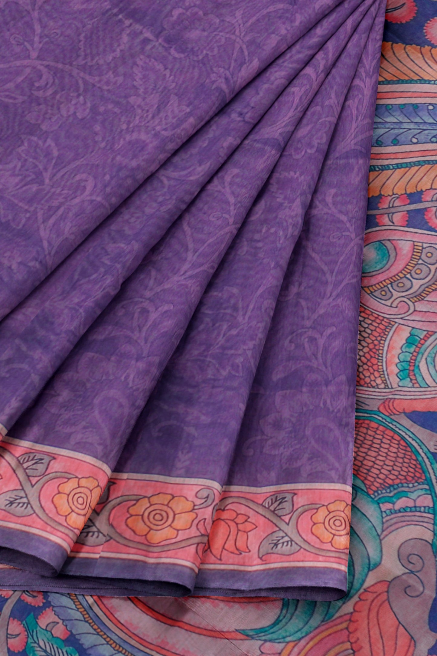 Violet Semi Chanderi Floral Border Kalamkari Inspired Pallu Saree