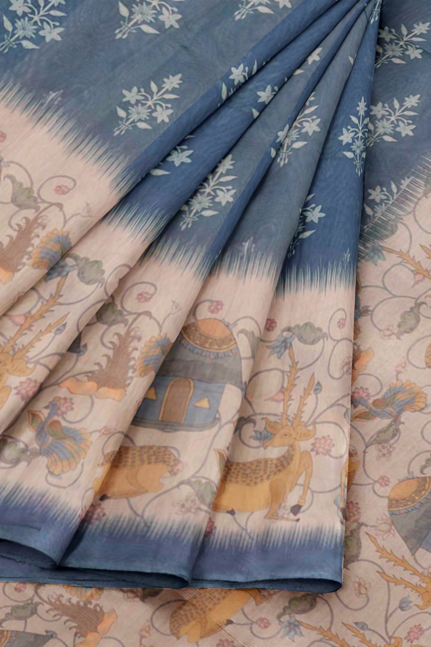 Denim Blue Semi Chanderi Pastoral Dreams Pallu Saree