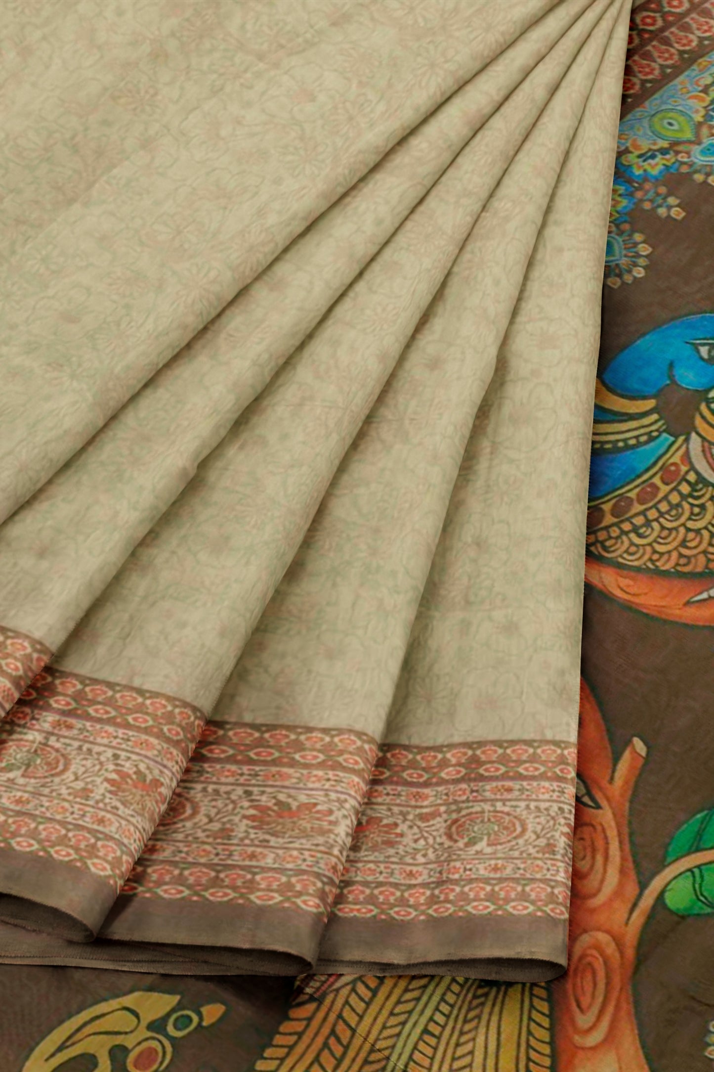 Pastel Green Semi Chanderi Kalamkari Pallu Saree