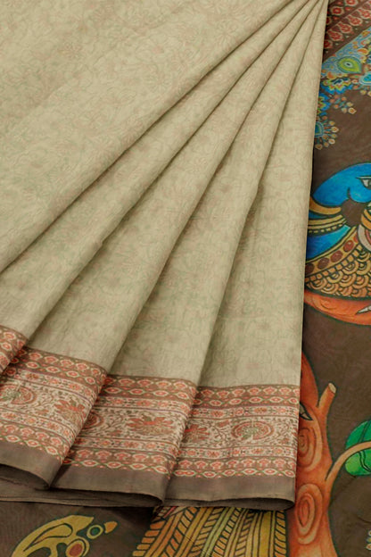 Pastel Green Semi Chanderi Kalamkari Pallu Saree