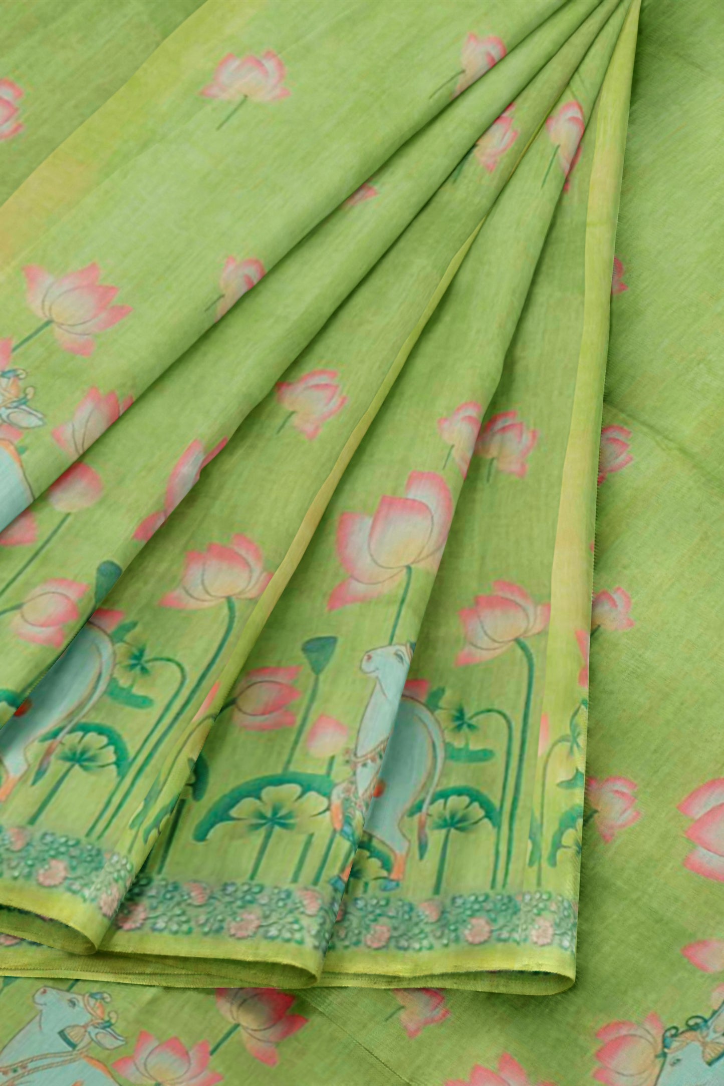 Green Semi Chanderi Pichwai Prints Saree