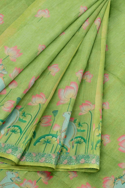 Green Semi Chanderi Pichwai Prints Saree
