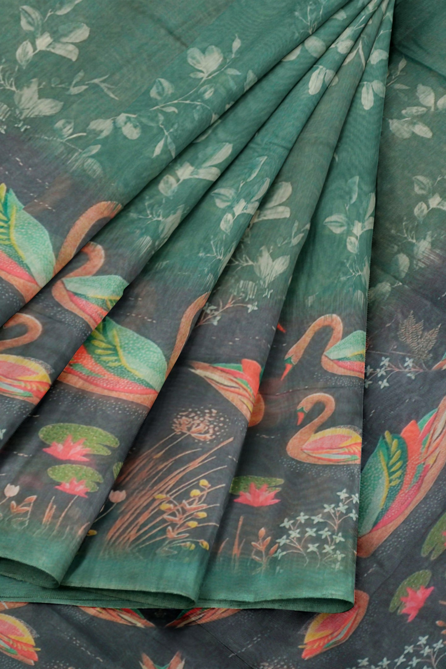Green Semi Chanderi Pleasant Pond Print Saree