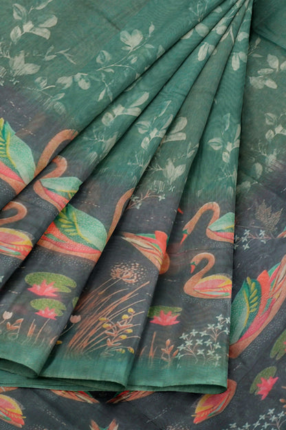 Green Semi Chanderi Pleasant Pond Print Saree