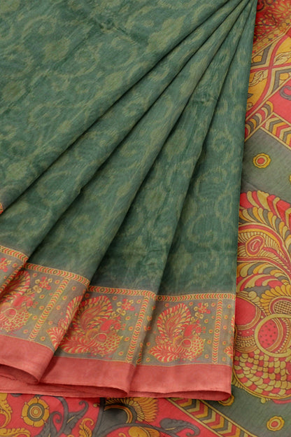 Green Semi Chanderi Floral Border Kalamkari Inspired Pallu Saree