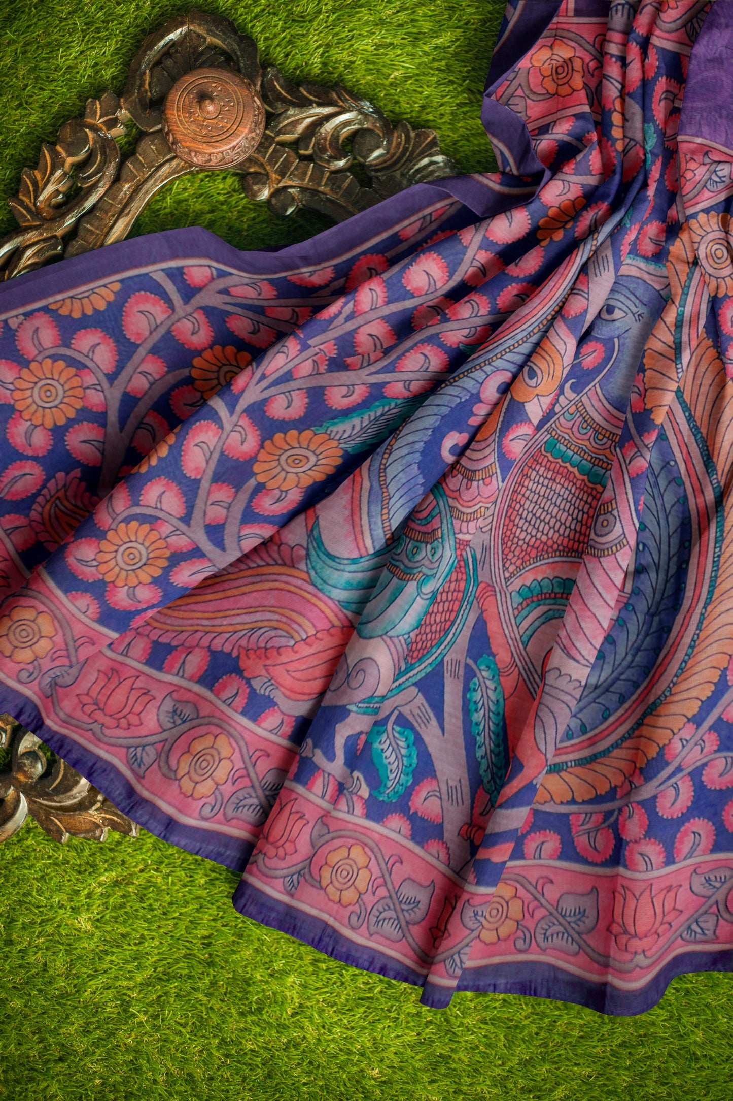 Violet Semi Chanderi Floral Border Kalamkari Inspired Pallu Saree