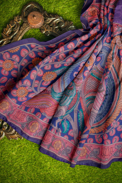 Violet Semi Chanderi Floral Border Kalamkari Inspired Pallu Saree