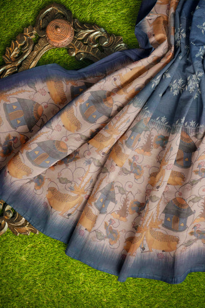 Denim Blue Semi Chanderi Pastoral Dreams Pallu Saree