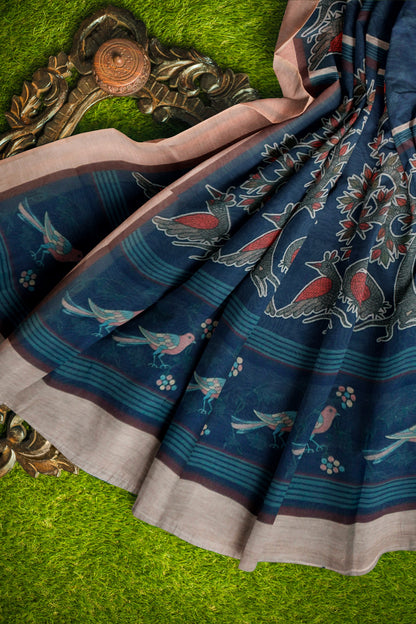 Blue Semi Chanderi Forest Whisperers Saree