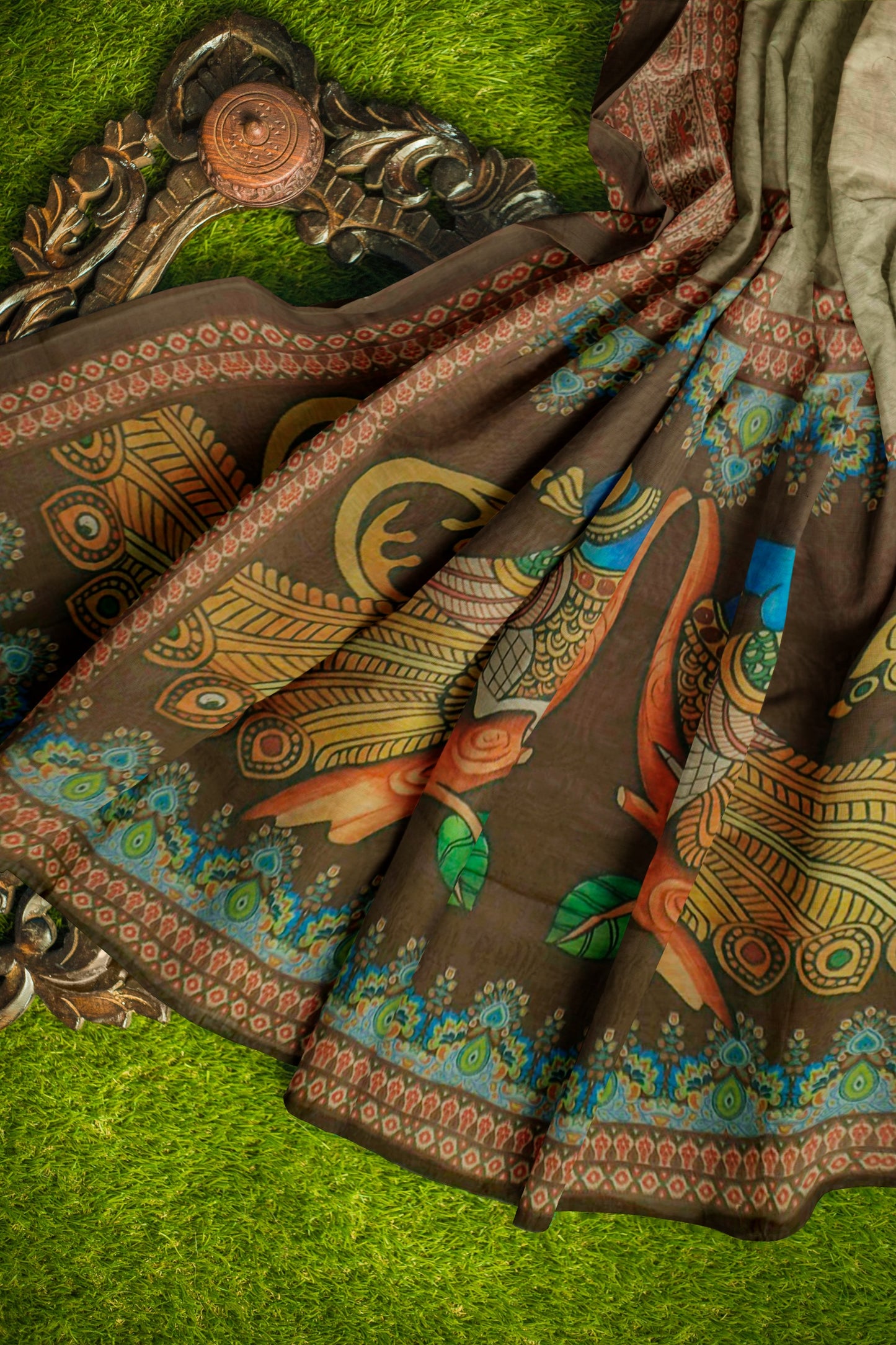 Pastel Green Semi Chanderi Kalamkari Pallu Saree