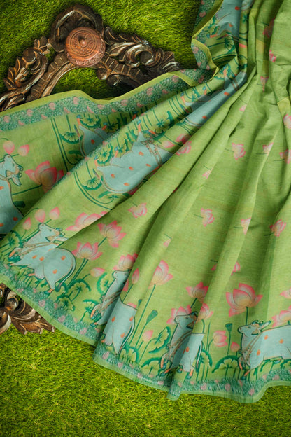 Green Semi Chanderi Pichwai Prints Saree