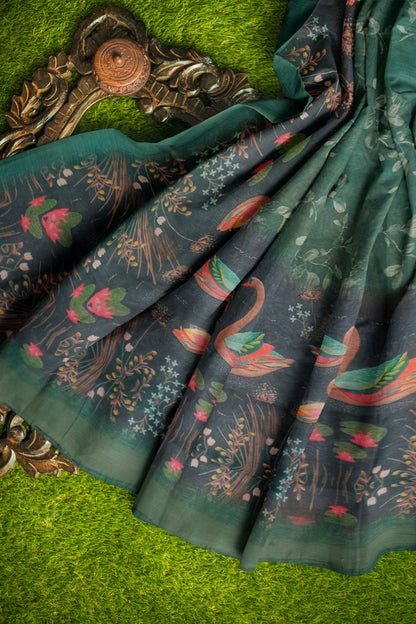 Green Semi Chanderi Pleasant Pond Print Saree