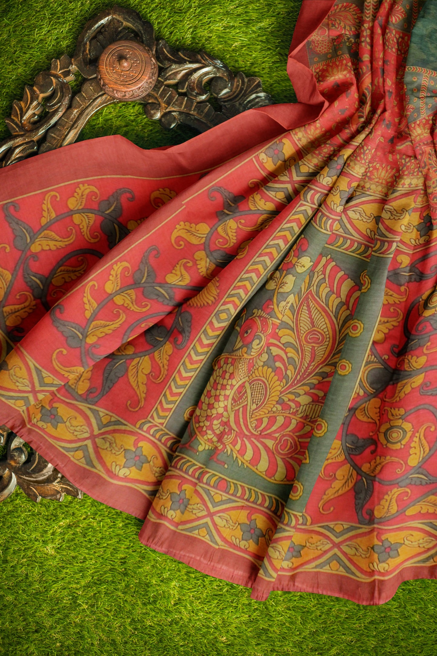 Green Semi Chanderi Floral Border Kalamkari Inspired Pallu Saree