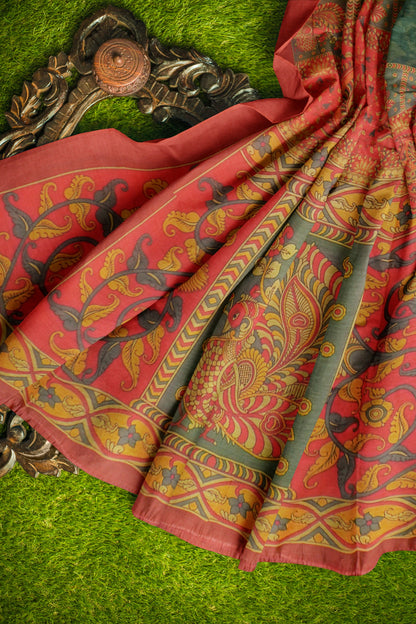 Green Semi Chanderi Floral Border Kalamkari Inspired Pallu Saree
