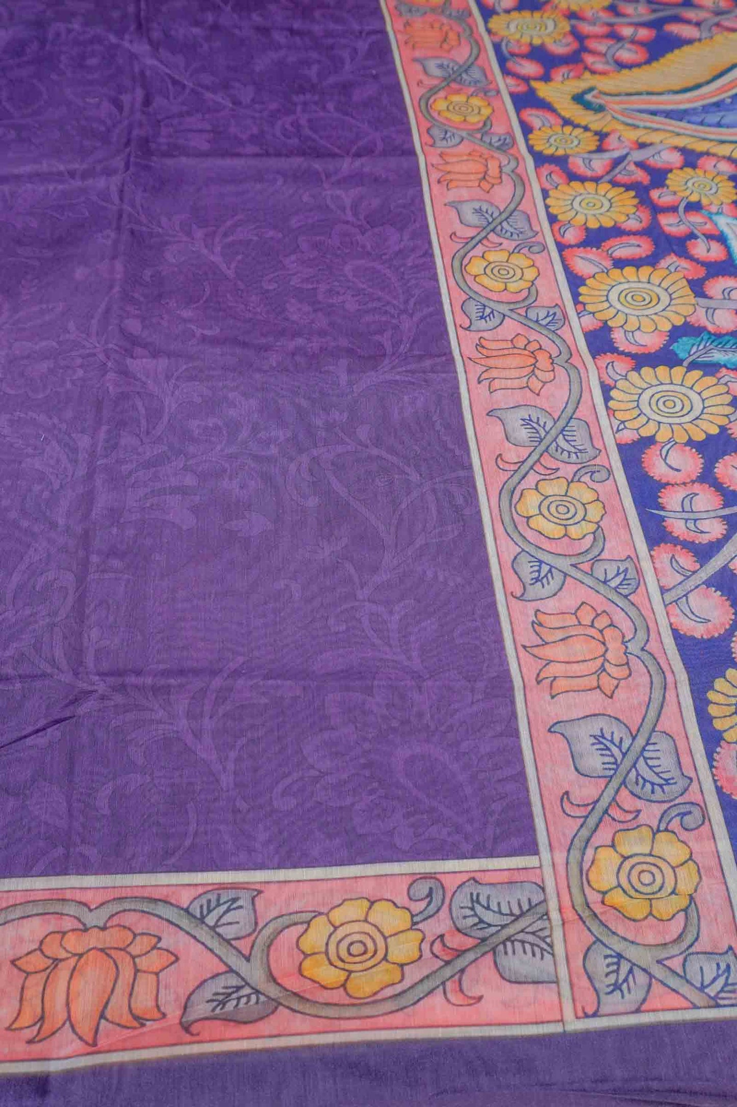 Violet Semi Chanderi Floral Border Kalamkari Inspired Pallu Saree