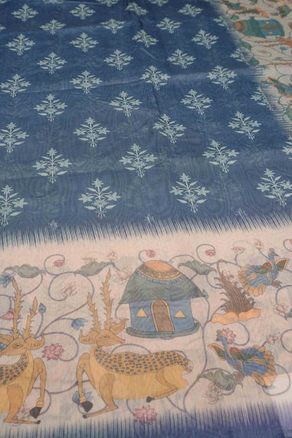 Denim Blue Semi Chanderi Pastoral Dreams Pallu Saree
