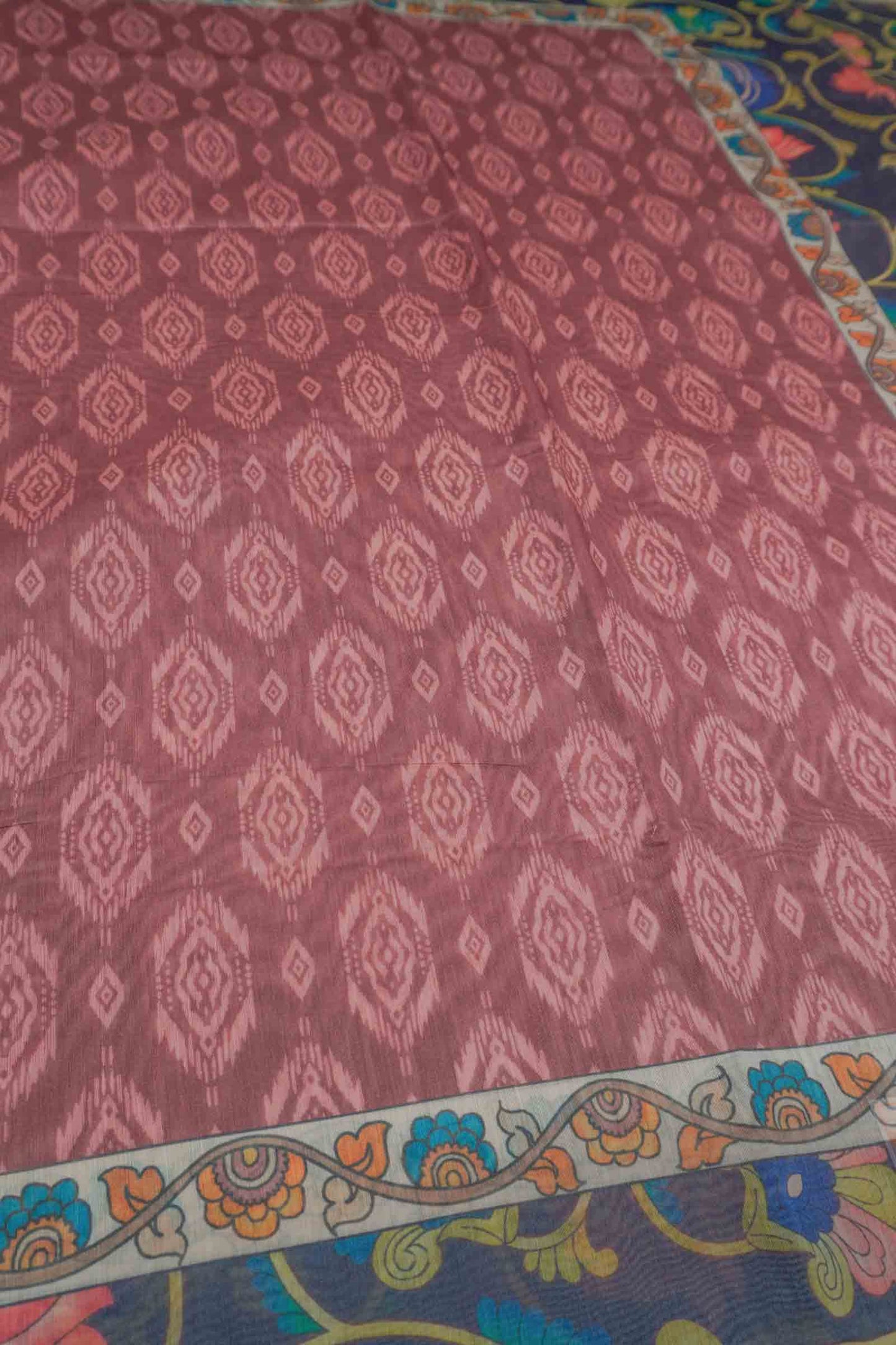 Red Brown Semi Chanderi Fancy Floral Pallu Saree