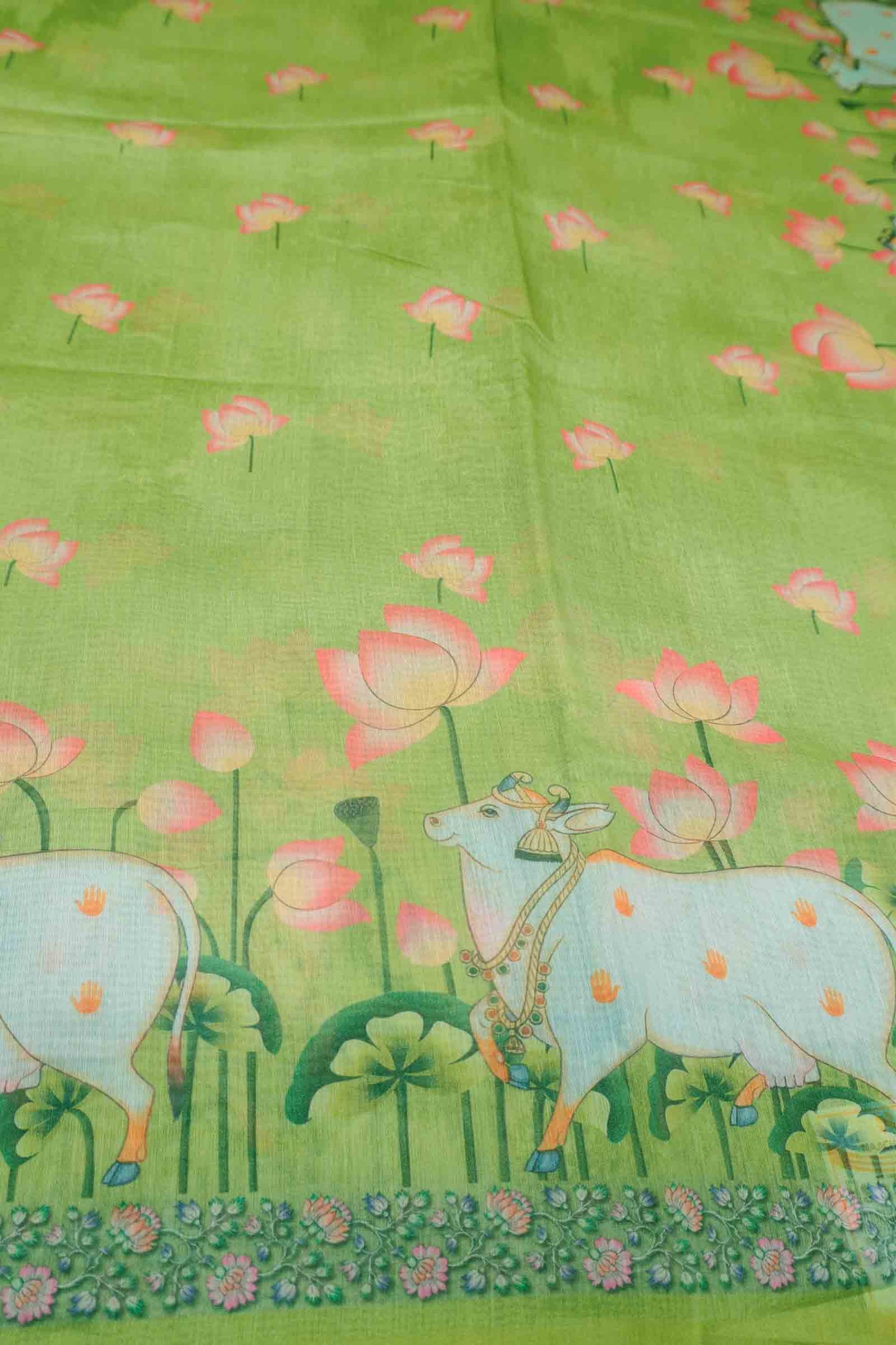 Green Semi Chanderi Pichwai Prints Saree