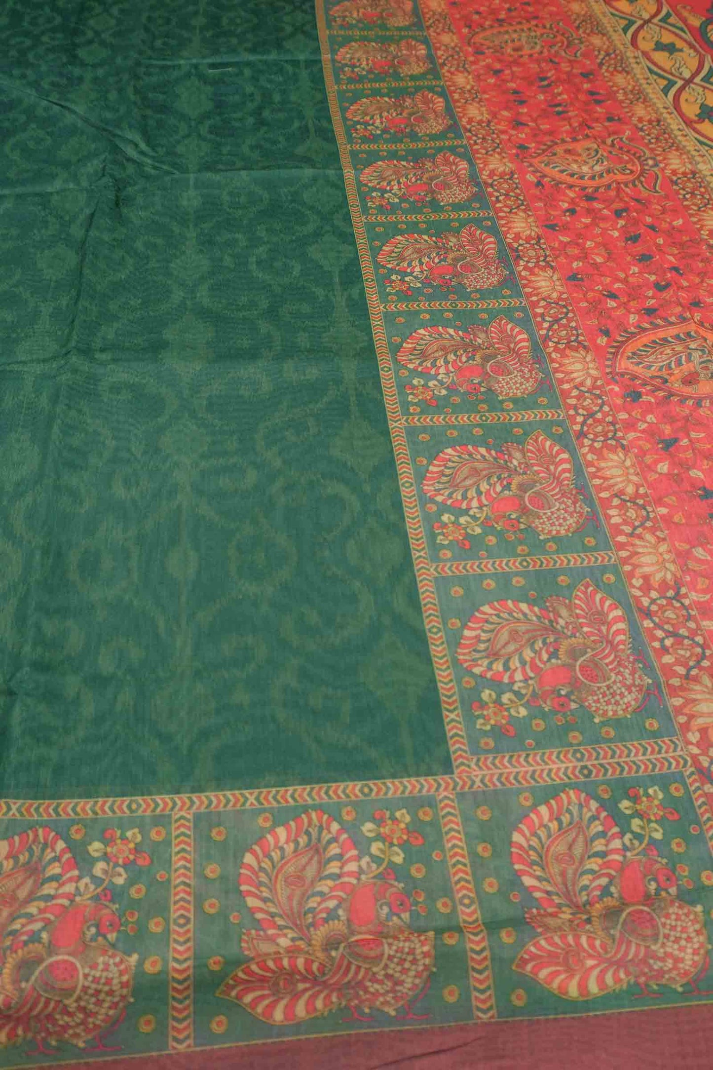 Green Semi Chanderi Floral Border Kalamkari Inspired Pallu Saree