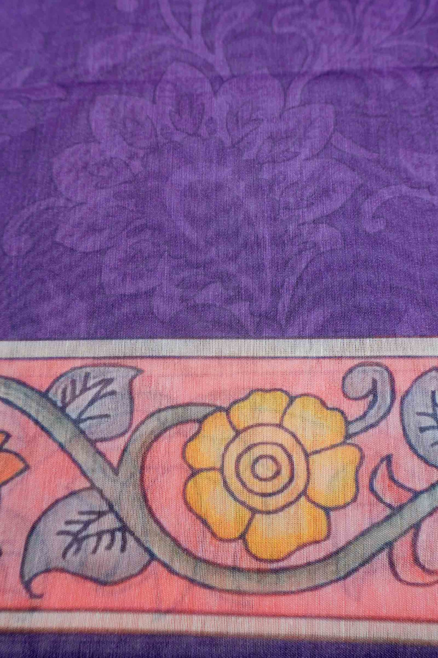 Violet Semi Chanderi Floral Border Kalamkari Inspired Pallu Saree