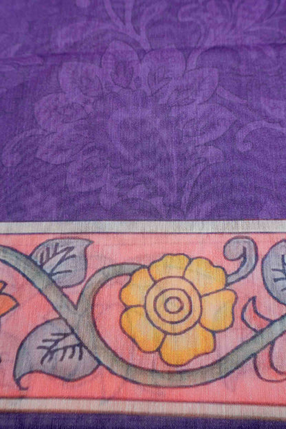 Violet Semi Chanderi Floral Border Kalamkari Inspired Pallu Saree
