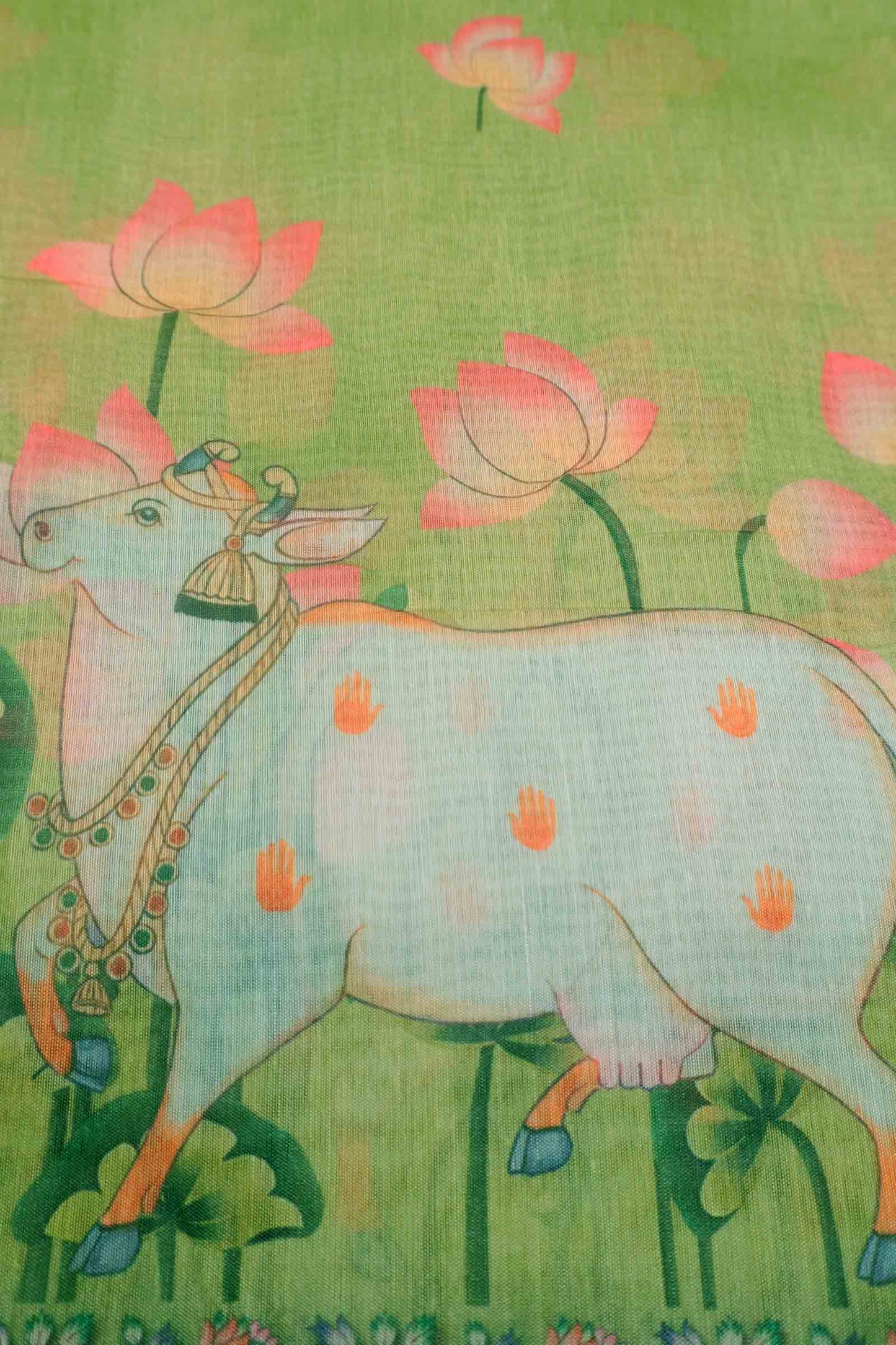 Green Semi Chanderi Pichwai Prints Saree