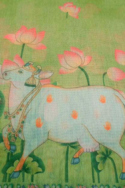 Green Semi Chanderi Pichwai Prints Saree