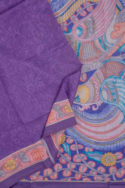 Violet Semi Chanderi Floral Border Kalamkari Inspired Pallu Saree